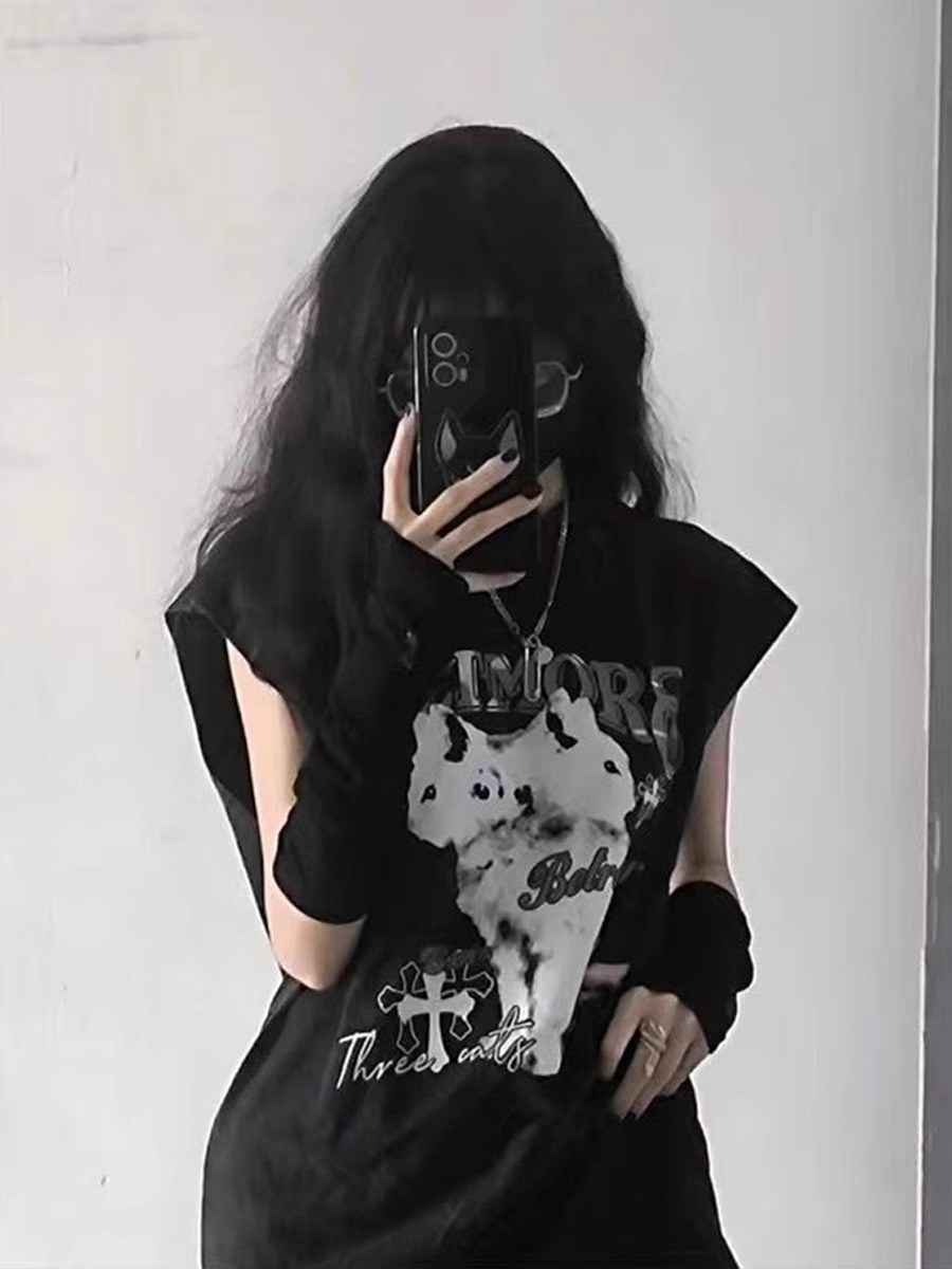 Official picture 6535 stretch frame washed cotton dark style kitten devil hooded sleeveless T-shirt women's loose vest