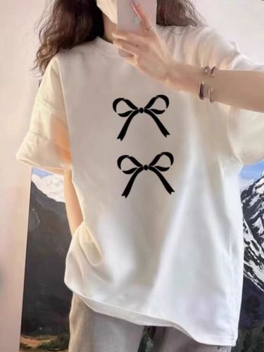 New summer style loose, slim, simple and stylish bow print short-sleeved T-shirt