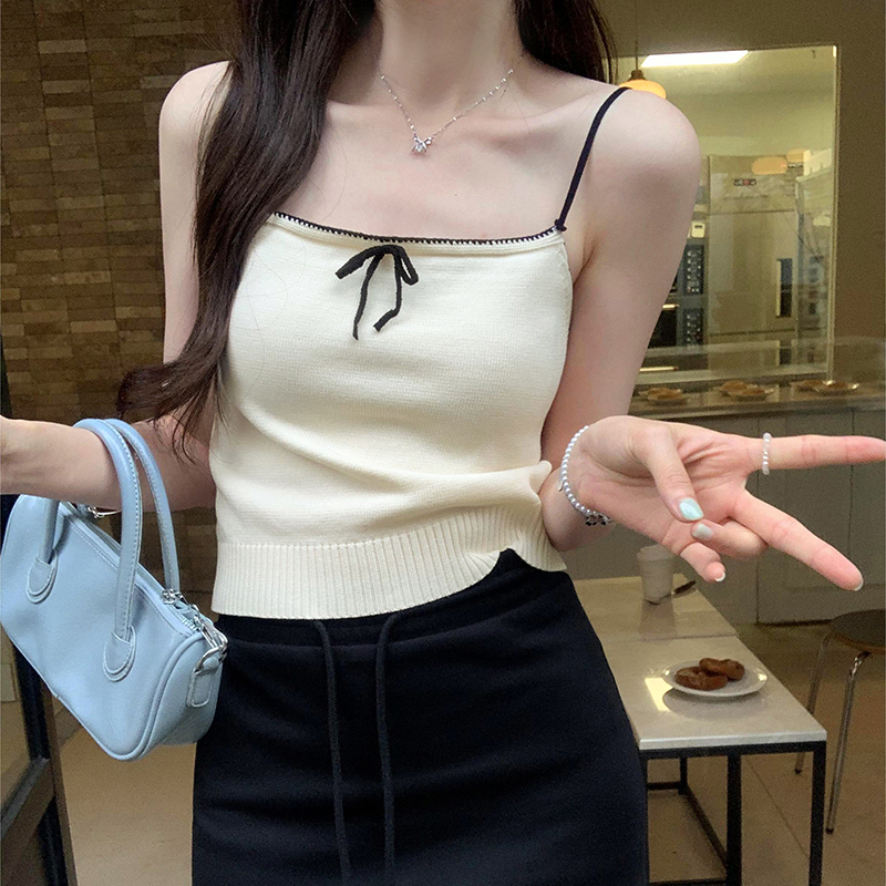 Actual pictures of dopamine Thai bow decorated small suspenders for women summer new style outer wear and inner bottoming tops