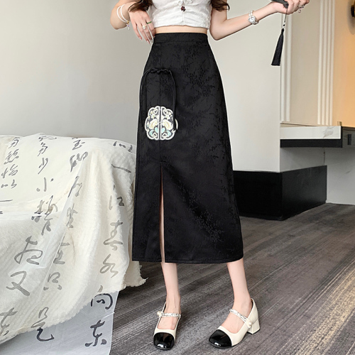 National style retro jacquard temperament hip-covering skirt women's new high-waisted mid-length one-step slit skirt