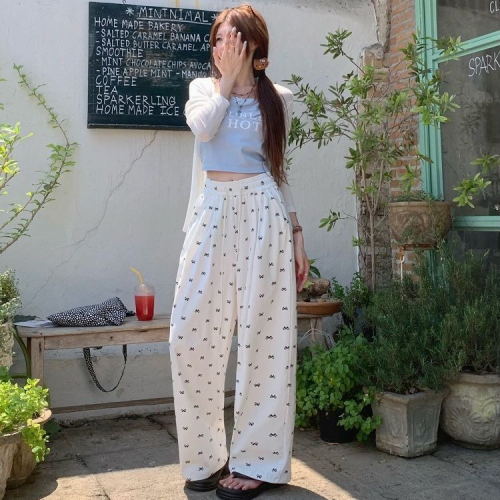 Lazy style bow printed wide-leg casual pants for women summer 2024 new high-waist slim drape floor-length trousers