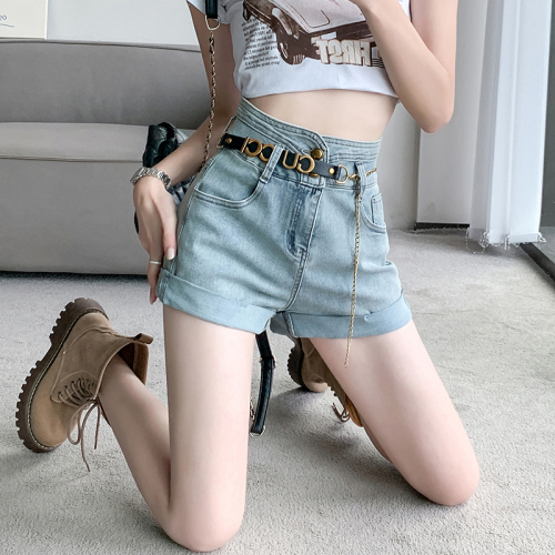 Retro denim shorts for women in summer Internet celebrity hotties high-waisted slimming stretch denim hot pants for women