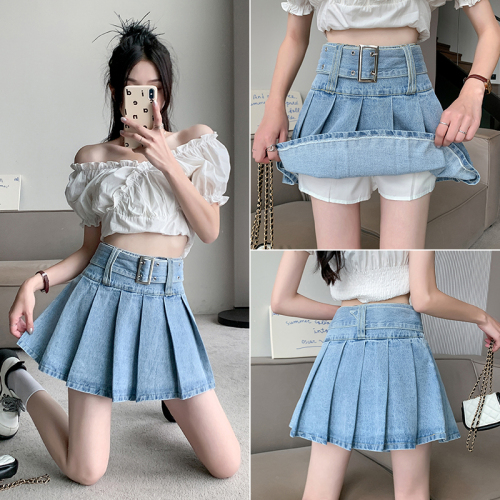 New internet celebrity hot girl pleated jeans skirt women's high waist slimming versatile pleated skirt