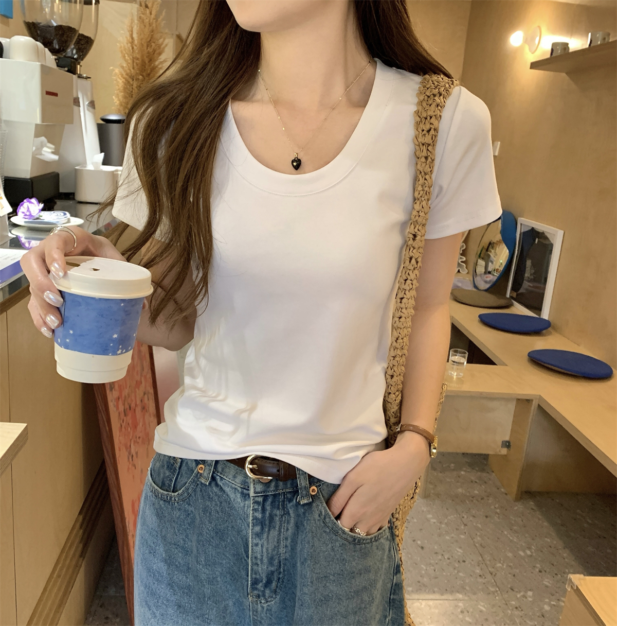 實拍 夏季韓版正肩u領百搭簡約純色顯瘦純棉短袖T恤上衣女
