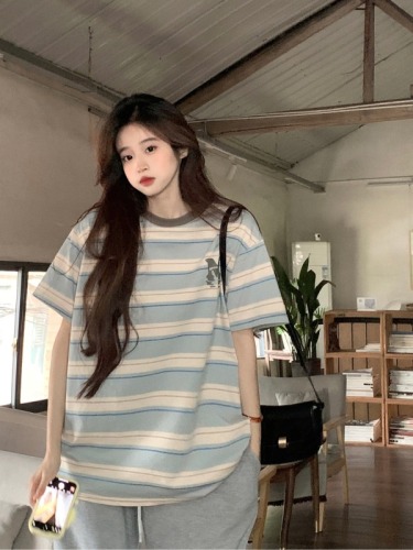 Real shot of cloud cotton short-sleeved T-shirt summer print loose trendy shoulder contrast round neck top Korean style women's clothing