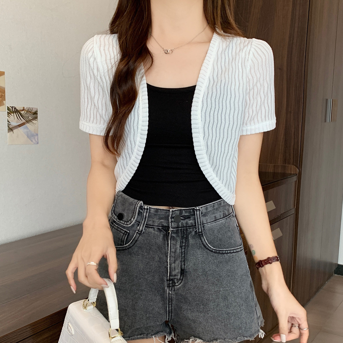 Quality inspection real shot small waistcoat short-sleeved top women's cardigan suspender skirt with shawl summer sun protection blouse with skirt