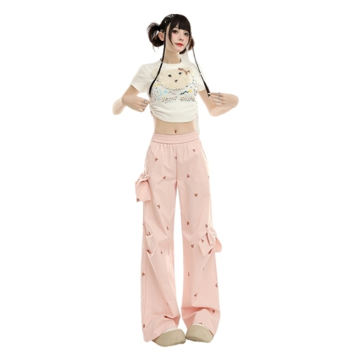 Real shot of bow bear print loose casual pants women's summer high waist wide leg pants floor mopping trousers