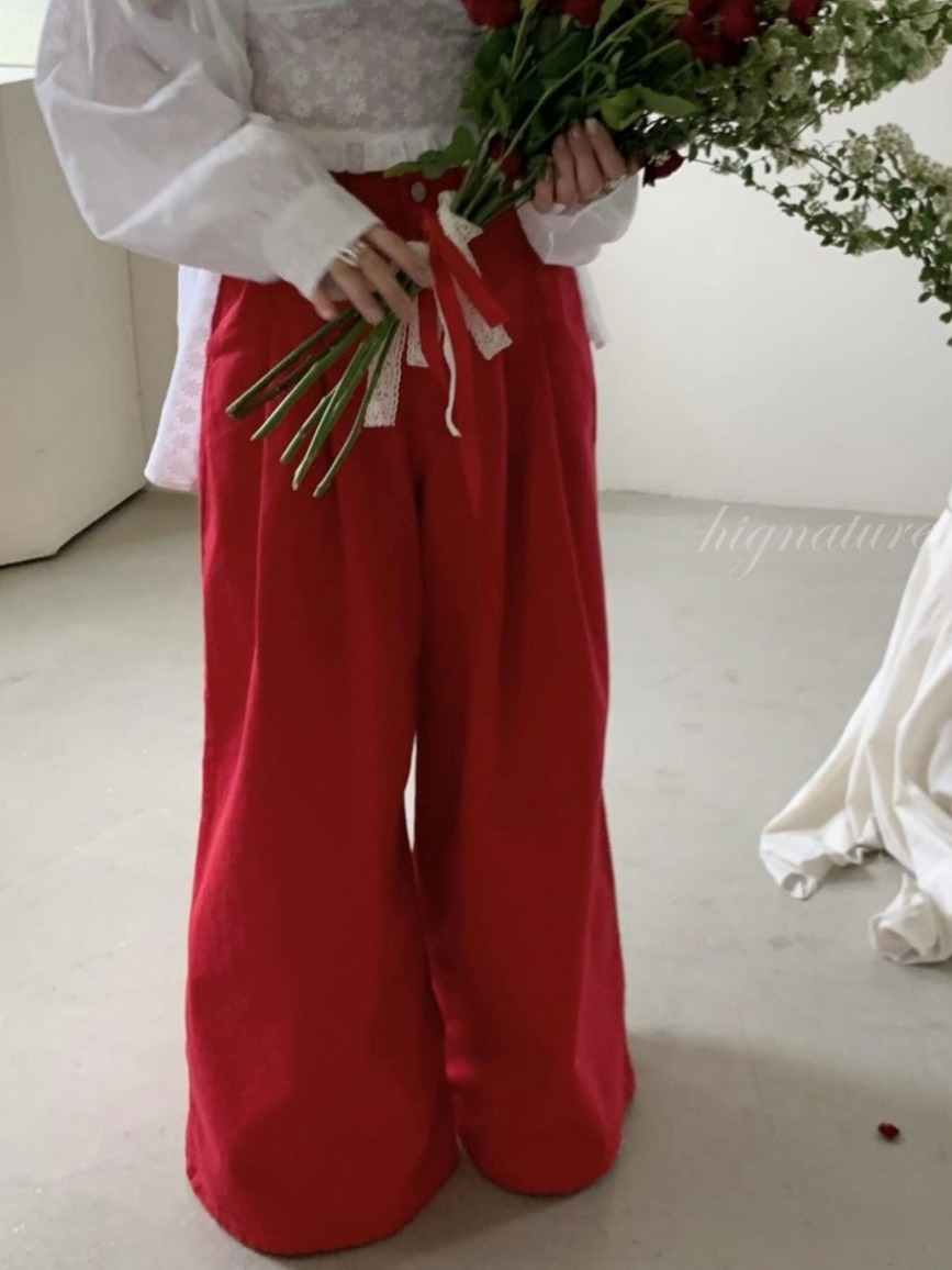 Red wide-leg casual and bright casual trousers