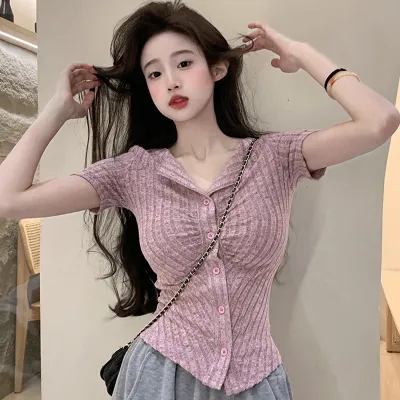 Design-inspired pleated shoulder short-sleeve t-shirt for women, summer irregular slim-fit short top with high waist