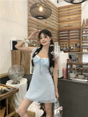 Real shot~ Blue plaid suspender fairy skirt dress for women summer design niche waist lace skirt