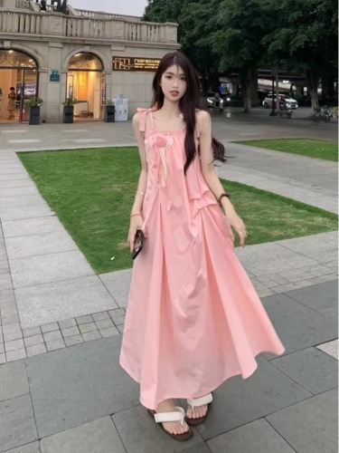 French first love sweet pink suspender dress for women summer 2024 new high-end design niche temperament long skirt