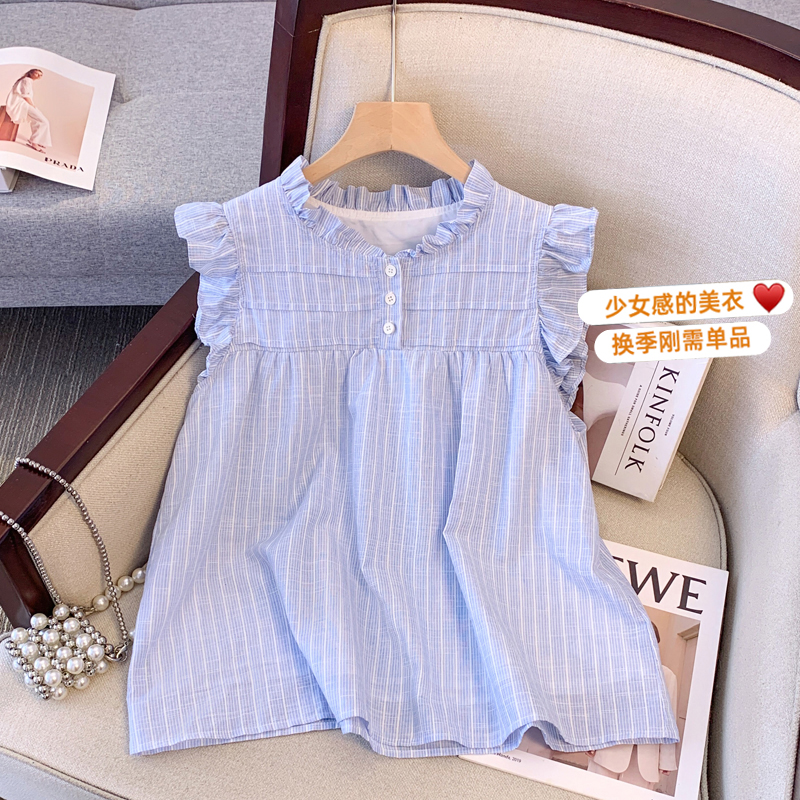 Loyal dog Xiaoba pear-shaped homemade French small flying sleeves round neck shirt vest for women summer blue little man top