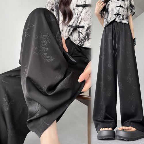 National-style satin jacquard Chinese-style printed cool wide-leg pants for women summer new high-waist drape slim casual trousers