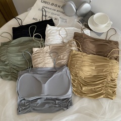 Summer girly solid color hot girl style wear pleated suspenders versatile spaghetti strap inner top for women