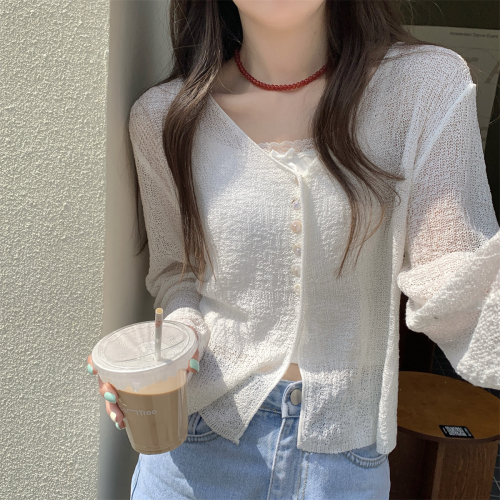 Summer Korean style loose v-neck temperament versatile imitation linen long-sleeved sun protection knitted top for women to wear