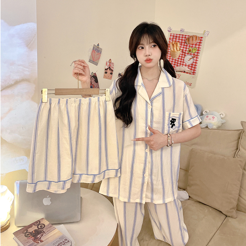 Real shot of pajamas for women in summer Korean version of cloud cotton short-sleeved shorts and trousers three-piece home clothes set sweet and cute