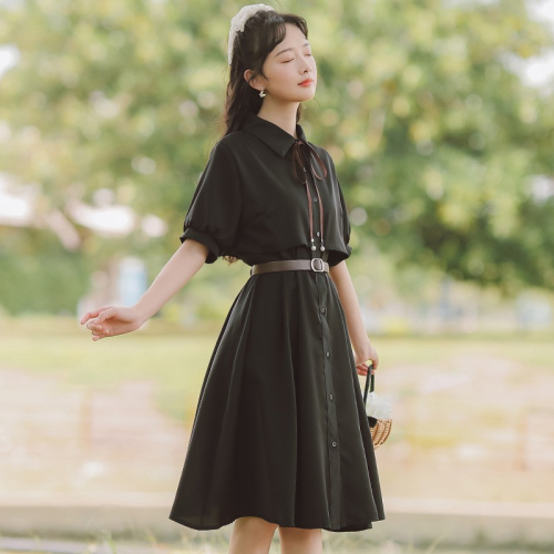 College style dress women's summer temperament French retro waist student platycodon skirt slimming Hepburn style little black dress