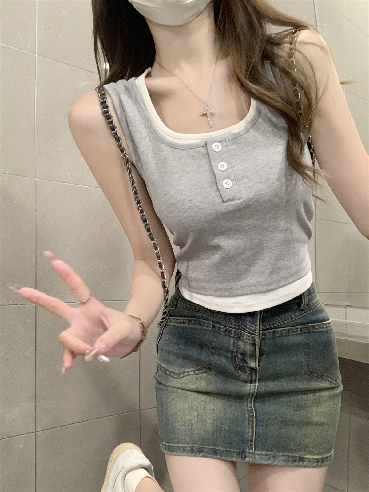 實拍 夏季韓版修身氣質方領撞色紐扣假兩件百搭純棉背心上衣
