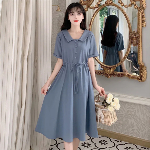 Plus size women's clothing 2024 summer fresh and fresh Mori women's lapel waist slimming French Platycodon cotton and linen dress