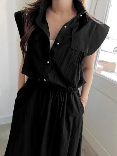 Original Korean chic short sleeveless shirt + half-length skirt suit for women