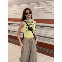 Official Photo Summer New Fun Printed Slim Short Round Neck Vest Sleeveless T-Shirt for Women