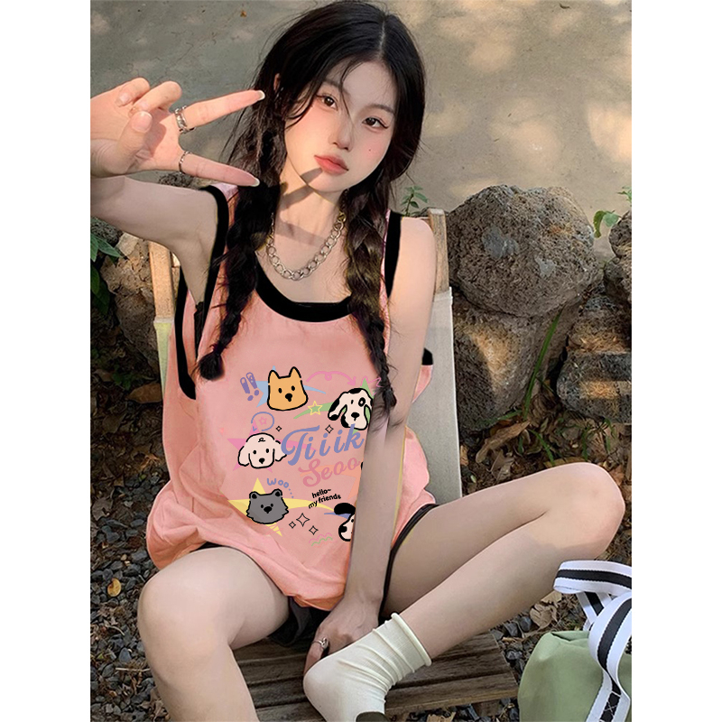 Official photo Summer new pure cotton waistcoat loose splicing contrasting printed vest for women