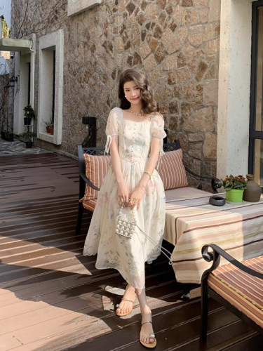 French floral dress for women, summer square collar, elegant lady, fresh, sweet, slim tea break long dress