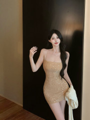 Real shot of niche high-end rhinestone suspender nude long skirt short skirt sexy slim birthday party dress