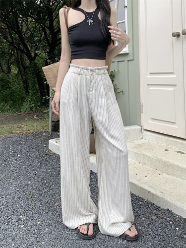 Real shot of summer high-waisted straight linen pants, floor-length casual pants, bud-waisted striped wide-leg cotton and linen pants