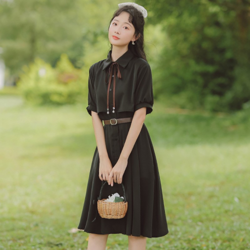 College style dress women's summer temperament French retro waist student platycodon skirt slimming Hepburn style little black dress