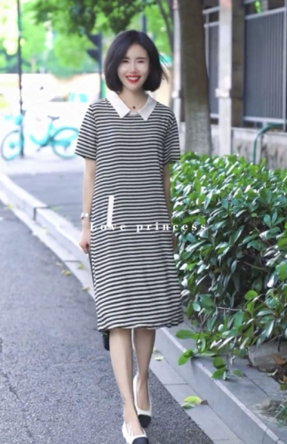 Loose and casual Korean style slimming striped dress mid-length women's 2024 summer new fashionable skirt