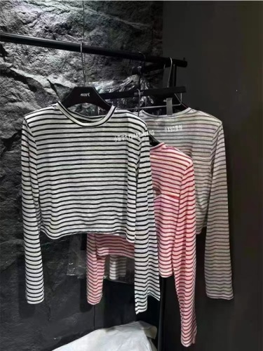 2024 summer new style striped long-sleeved sunscreen T-shirt for women Korean style loose design hollow thin long-sleeved top