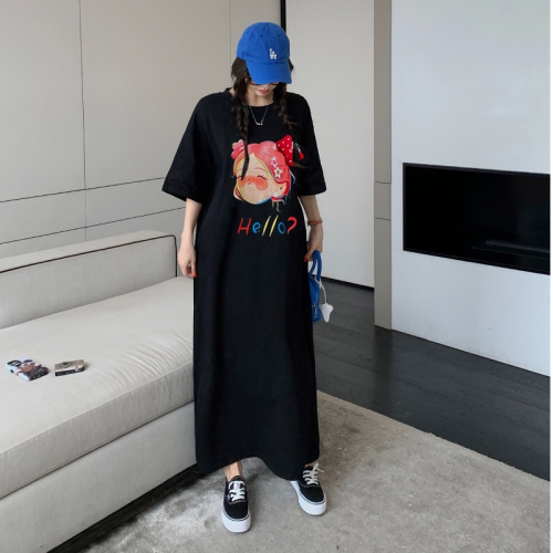 Imitation cotton milk silk #Summer new short-sleeved loose Korean style printed slit long over-the-knee dress T-shirt skirt for women