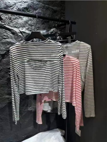 2024 summer new style striped long-sleeved sunscreen T-shirt for women Korean style loose design hollow thin long-sleeved top