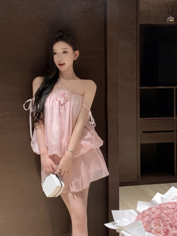 Real shot of fairy sweet flower one-line collar tube top fluffy ruffle skirt style hot girl skirt