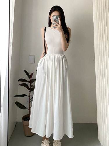 French white vest dress sleeveless temperament dress women 2024 summer design long skirt waist slimming skirt