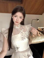 Actual shot of new Chinese style Chinese style small flying sleeves for girls with slits and small organza tops and suspenders for girls