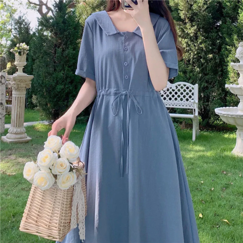 Plus size women's clothing 2024 summer fresh and fresh Mori women's lapel waist slimming French Platycodon cotton and linen dress