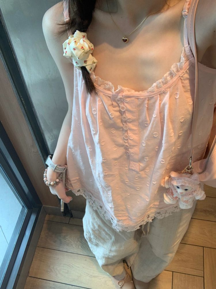 Official picture of cotton Korean version dopamine sweet age-reducing cut flower pure desire pleated lace sleeveless suspender belt for women 2024 summer
