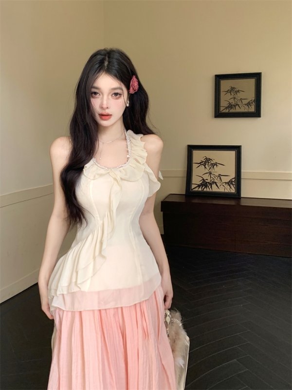 Actual shot of Pure Desire Heavy Industry Sequined Ruffled Sleeveless Irregular Vest Top + Wide Leg Casual Pants Skirt for Women