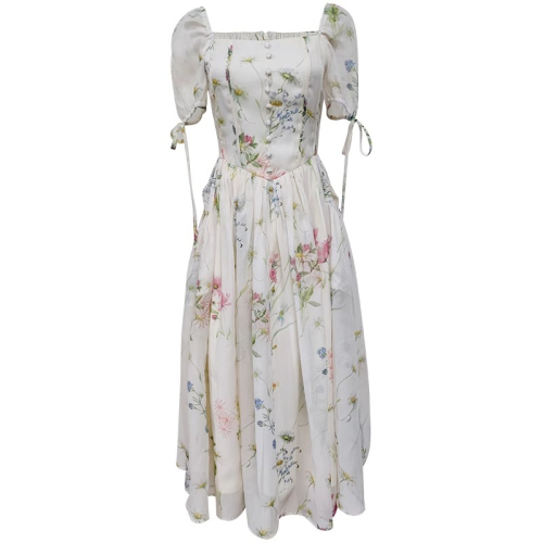 French floral dress for women, summer square collar, elegant lady, fresh, sweet, slim tea break long dress