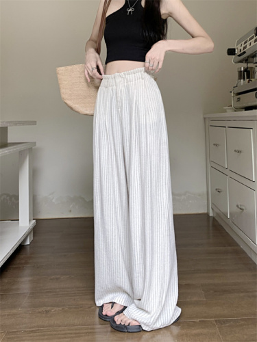 Real shot of summer high-waisted straight linen pants, floor-length casual pants, bud-waisted striped wide-leg cotton and linen pants