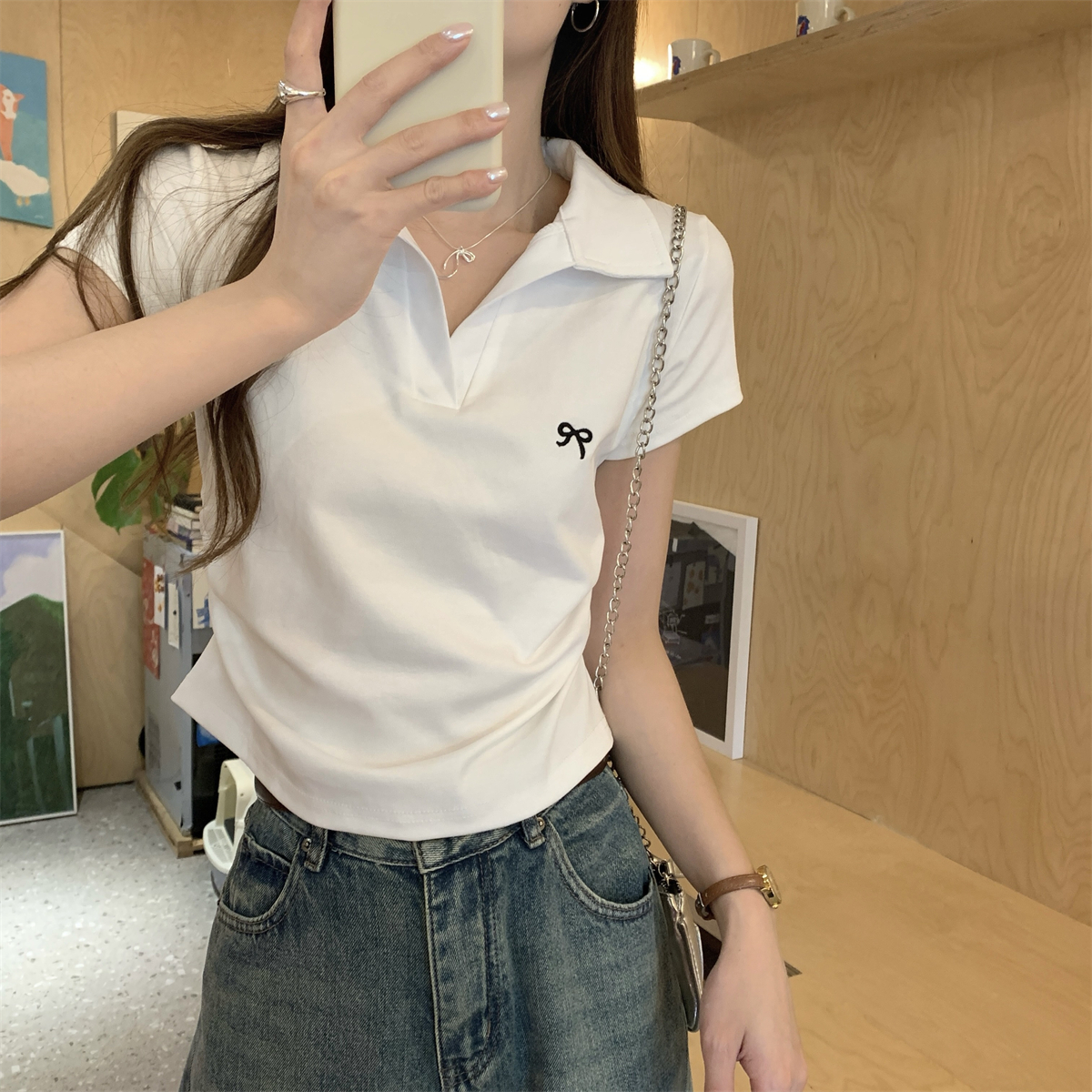 實拍 夏季韓版修身polo蝴蝶結刺繡褶皺顯瘦純棉短袖T恤上衣