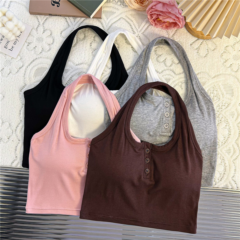 Actual shot~Fashionable halterneck vest with button design, backless outer wear with breast pads for women