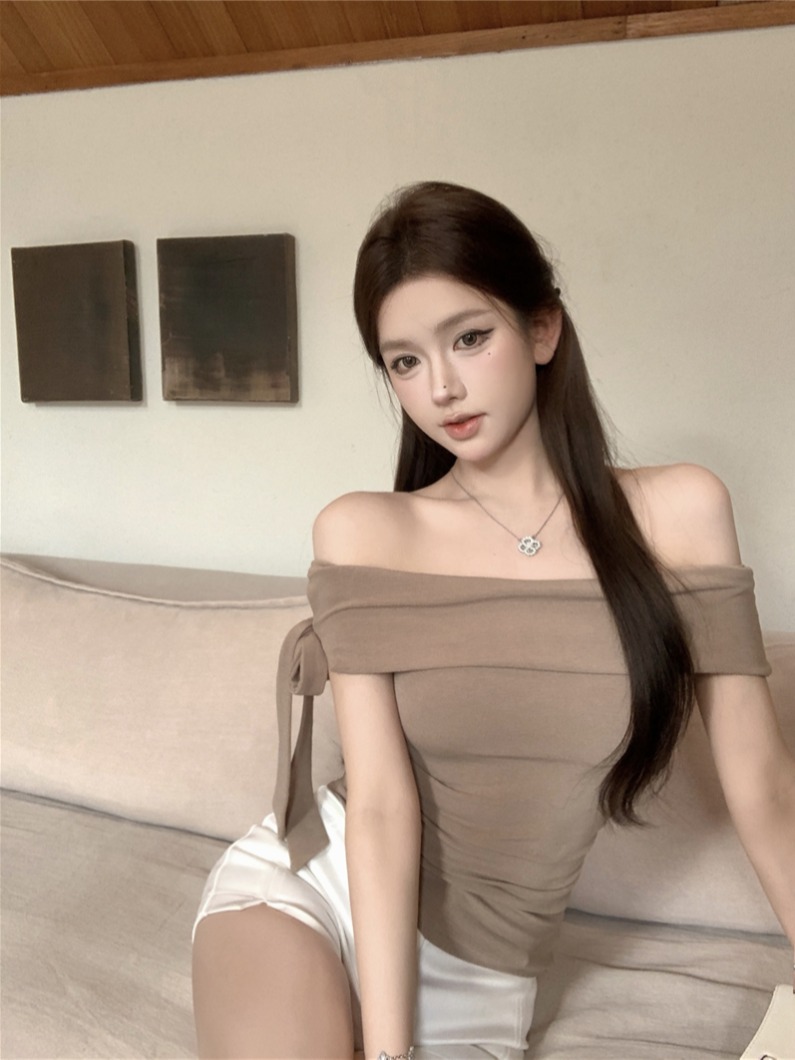 Actual shot~Korean one-shoulder bow Korean-style legal style slim-fitting short sleeves