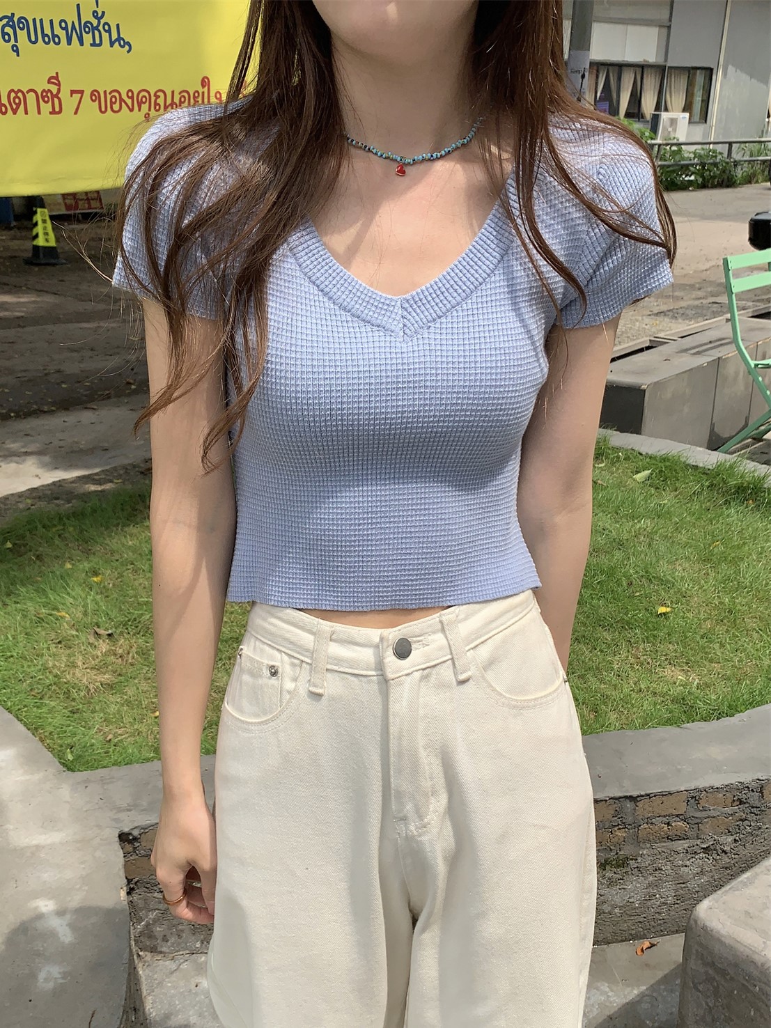 實拍 夏季韓版修身v領簡約百搭氣質短款針織短袖上衣