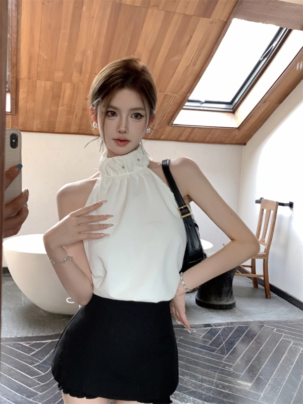 Actual shot of pure lust hottie's summer halter neck style shoulder-drawing design drawstring waist sleeveless vest top for women