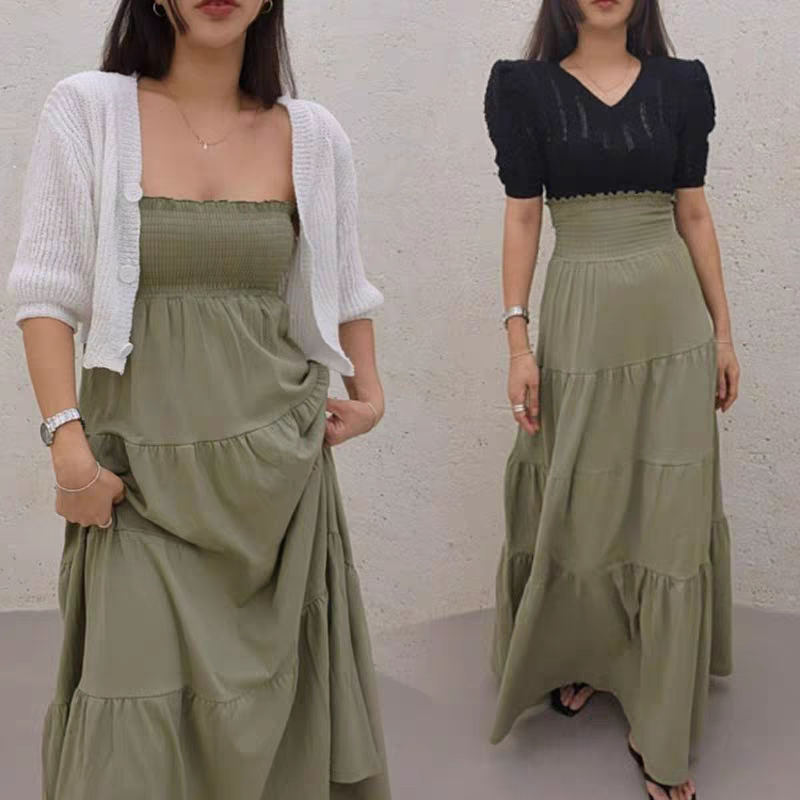 South Korea Dongdaemun 24 summer slim casual solid color tube top splicing dress women's skirt two wear