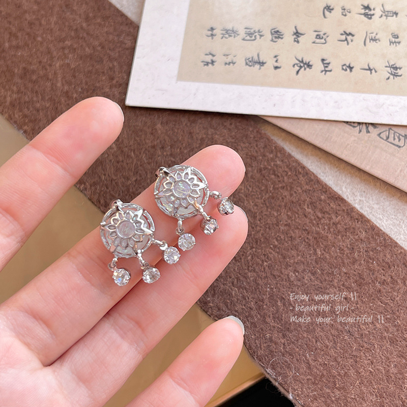 S925銀針輕奢小眾高級感網狀耳釘女超閃精緻鋯石耳環網紅同款耳飾