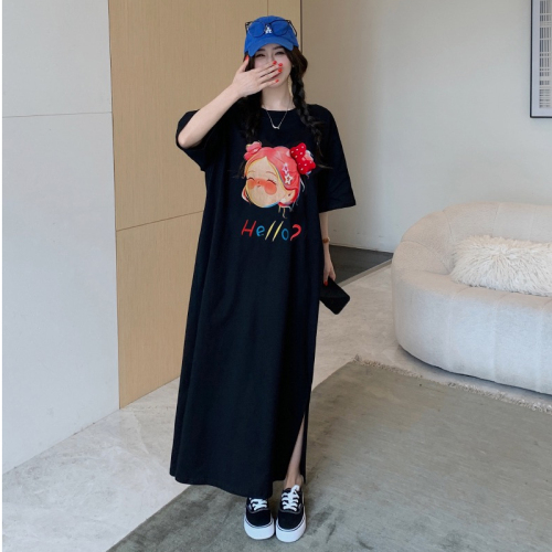 Imitation cotton milk silk #Summer new short-sleeved loose Korean style printed slit long over-the-knee dress T-shirt skirt for women